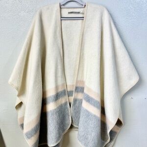 Alicia Adams Alpaca Wool Blend Ruana Poncho Cape Wrap Neutral Stripe Cozy Luxury